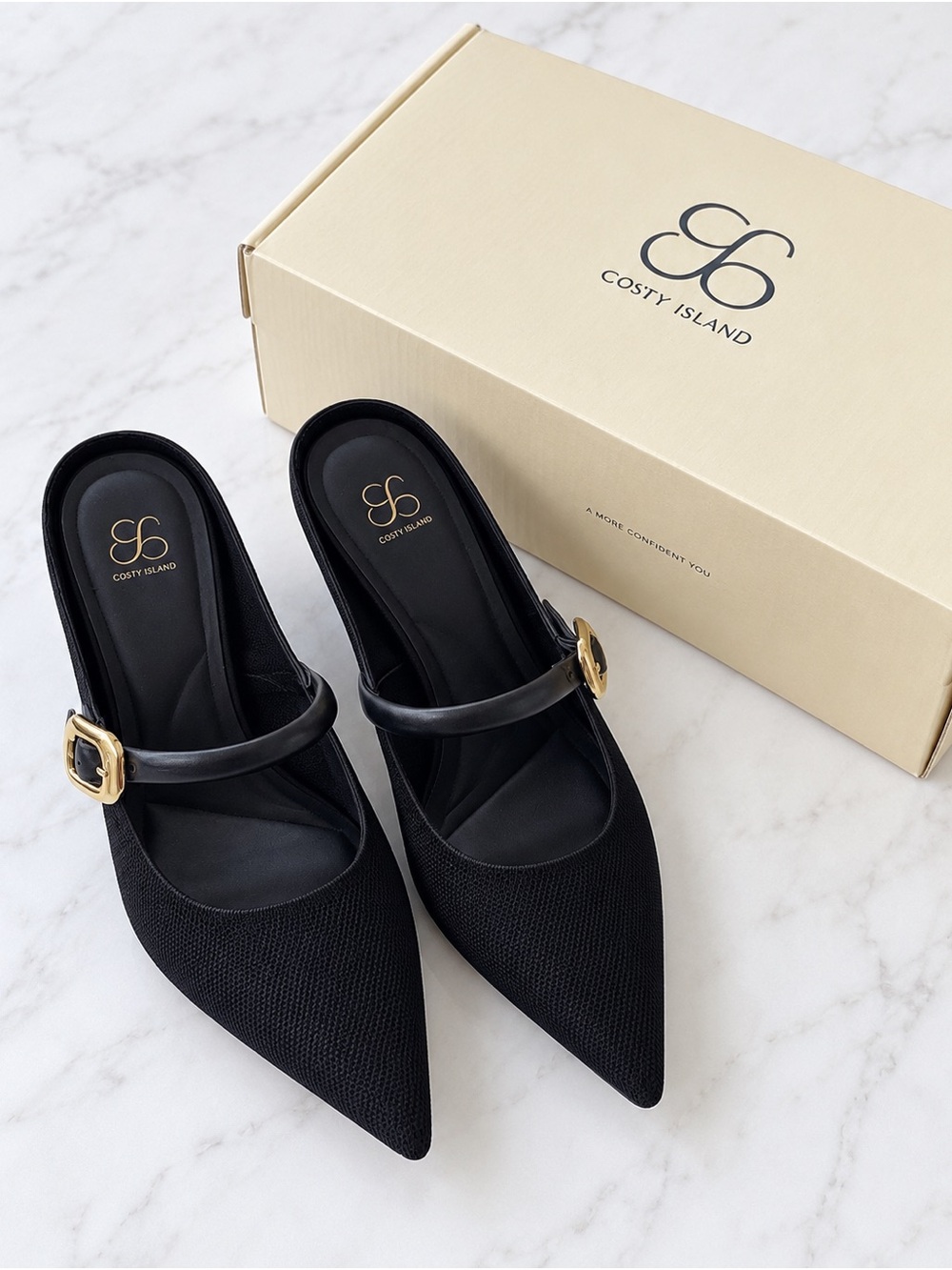 Black Pointed Mary Jane Mules with Gold Buckle